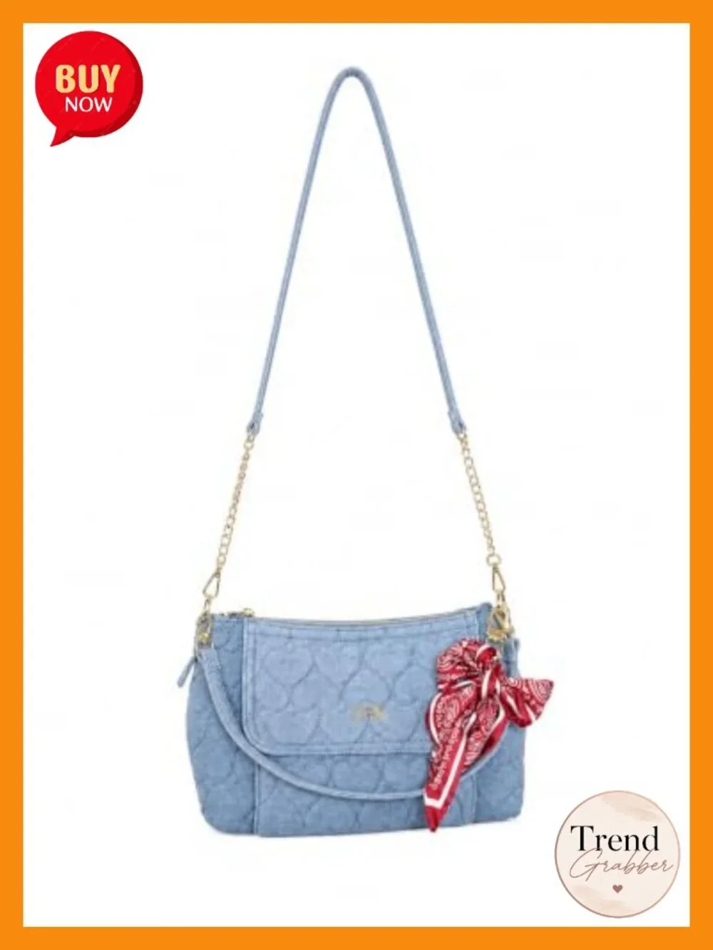 Heart Quilted Denim Shoulder Bag with Convertible Crossbody Strap, Scarf Charm